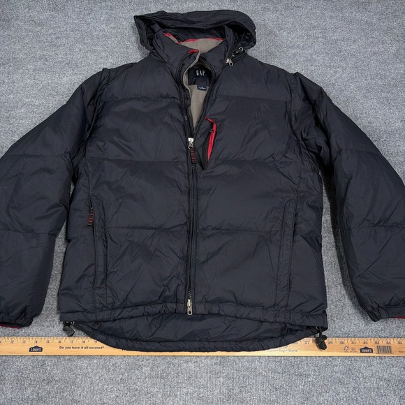 Vintage Gap Puffer Jacket Men Medium Black Down Ripstop Full Zip Hood Y2K - Picture 2 of 13